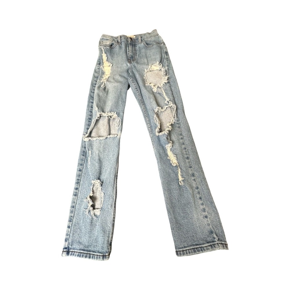 Vibrant M.I.U. Jeans Womens 1‎ W24 Blue Distressed High Rise Straight Leg P1378